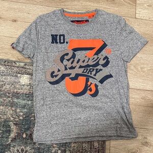Superdry Mens Heather Gray Tee with Bold Orange Reflective Accents